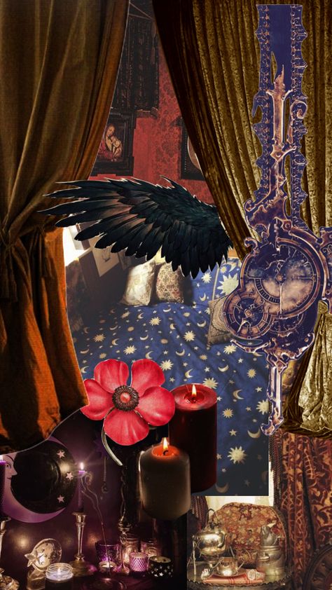 Dark Witch Aesthetic Bedroom, Edwardian Witch, Whimsigoth Lockscreen, Whimsy Goth Aesthetic, Witch Aesthetic Bedroom, Whimsigoth Office, Whimsigoth Wallpaper, Mystical Wallpaper, Dark Witch Aesthetic