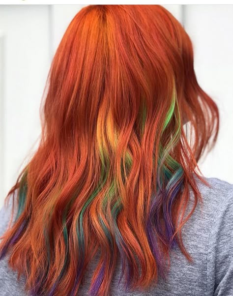 Orange Rainbow Hair, Red Hair With Rainbow Highlights, Ginger Rainbow Hair, Red Hair With Colored Highlights, Ginger Hair With Vivid Color, Copper And Green Hair, Ginger And Green Hair, Cosmo Hair, Apricot Hair