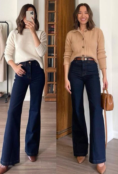 Flared Jeans Outfit Office, Cute Outfits With Flare Jeans Winter, Bootcut Jean Work Outfits, Women Flared Jeans Outfit, Work Outfit Jeans Winter, Blue Jean Office Outfit, Bootcut Work Pants Outfit, Work Happy Hour Outfit Fall, Outfits For Short Height Women