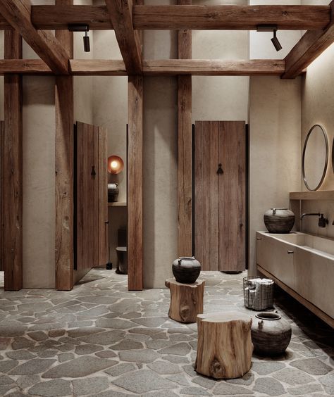 Rustic Restaurant Interior, Casa Cook, Wabi Sabi Interior, Restaurant Bathroom, Desain Pantry, Restroom Design, Rustic Restaurant, Stone Floor, Burger Bar