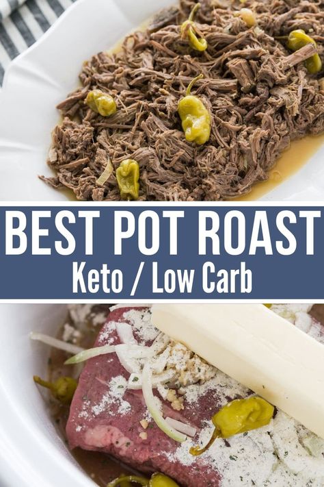 bit of tangy flavor. It's the ultimate comfort meal much like a traditional Mississippi pot roast. / keto recipes / low carb recipes / keto pot roast / low carb pot roast / keto slow cooker recipe / low carb slow cooker recipe #keto #lowcarb Keto Roast, Low Carb Pot Roast, Potroast Crockpot Keto, Keto Pot Roast, Low Carb Roast Crock Pots, Low Carb Mississippi Pot Roast, Roast Keto Crockpot, Keto Chuck Roast Recipes, Keto Pot Roast Slow Cooker