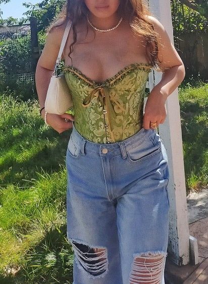 Corset Top With Jeans, Corset Verde, Fairy Corset, Green Corset Top, Outfit Corset, Corset Top Outfit, Corset Fashion Outfits, Corset Outfits, Green Corset