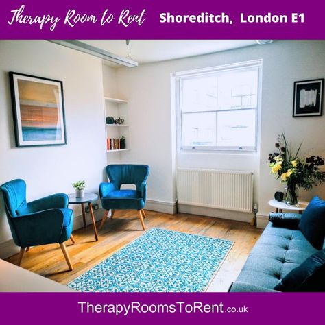 Beautiful large Spacious Therapy Room To Rent on Shoreditch High Street, London with blue sofa and armchairs, wood floors & modern decor. Perfect for a UK counsellor, psychotherapist, hypnotherapist, clinical psychologist or other talking therapist. Contemporary, minimalist Mid-century modern interior design with a slight Scandi / Scandanavian feel, and lots of bright natural light. #therapyroomstorent #therapyroom #privatepractice #uk #london #blue #calming #calm Wood Floors Modern, Therapy Rooms, Counseling Office Decor, Therapy Clinic, Therapist Office Decor, Minimalist Mid Century Modern, Mind Art, Mid Century Modern Interior Design, Counseling Office