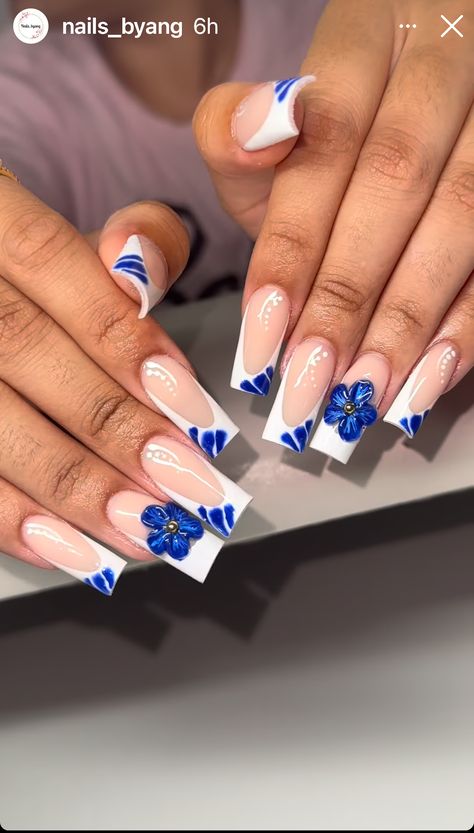 White And Royal Blue Nails, Nails Acrylic Royal Blue, Royal Blue Acrylic Nails, Blue Butterfly Nails, Royal Blue Nails, Butterfly Nails, Acrylic Nail Set, Blue Acrylic Nails, Butterfly Wedding