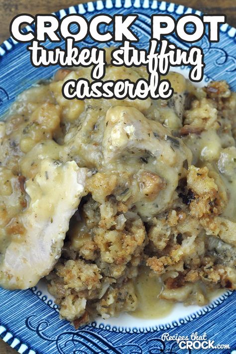 This Crock Pot Turkey Stuffing Casserole is like Thanksgiving in a casserole. You have turkey, gravy and stuffing all in one, and it is so yummy! via @recipescrock Turkey Stuffing Casserole, Crockpot Thanksgiving, Crock Pot Turkey, Crockpot Stuffing, Homemade Stuffing Recipes, Hot Turkey Sandwiches, Turkey Casserole Recipe, Turkey Breast Crockpot, Turkey Stuffing Recipes