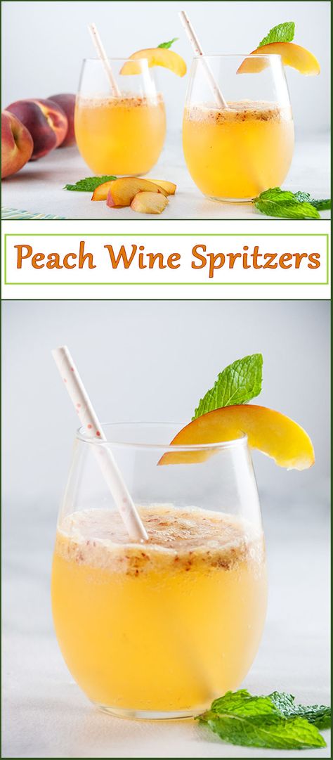 Sparkling Peach Wine Spritzers Peach Wine Cocktail, Frozen Drink Recipes, Peach Wine, Peach Cocktail, Potato Pudding, Fruity Wine, Drinks Recipe, Wine Spritzer, Specialty Drinks