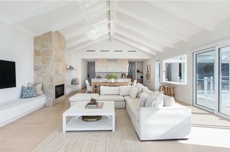 Coastal Vaulted Ceiling Living Room, Coastal Australian Home, Hamptons Lounge Room, Contemporary Coastal Home, Scandinavian Coastal, Lounge Room Styling, Vaulted Ceiling Living Room, The Lake House, Shed Homes