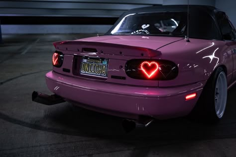 Mazda Mx5 Miata Pink, Miata Aesthetic Night, Hello Kitty Miata, Purple Mazda Miata, Pink Miata Aesthetic, Miata Interior Mods, Mx5 Aesthetic, Pink Miata Mx5, Miata Car Aesthetic