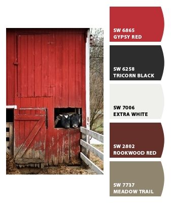 Maybe a red dining room?  Hall and living could be the lighter shades! Paint colors Red Paint Colors, Red Dining Room, Casual Dining Rooms, Red Color Schemes, Red Colour Palette, Exterior Color Schemes, Red Barns, Red Barn, Exterior House Colors