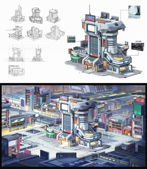 ArtStation - Architecture, Hang D Cyberpunk Building Concept Art, Scifi Interior Design, Scifi Building, Illustrations Ideas, Sci Fi Building, Sci Fi Architecture, Indie Game Art, Futuristic Building, Post Apocalyptic Art