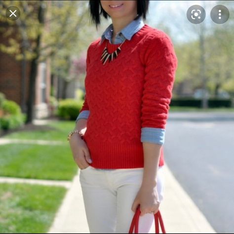 This Is The Honeycomb Cable Knit Sweater By J. Crew In Dark Poppy For Size Xxs. The Soft Pullover Sweater Is A Viscose/Nylon/Wool/Angora Blend. 23 Inches Long 32 Inch Bust Unstretched 28 Inch Waist Unstretched Red Cable Knit Sweater, 28 Inch Waist, Pink Pullover Sweater, Yarn Sweater, Sailor Fashion, Red Pullover, Lace Sweater, Preppy Look, Bell Sleeve Sweater