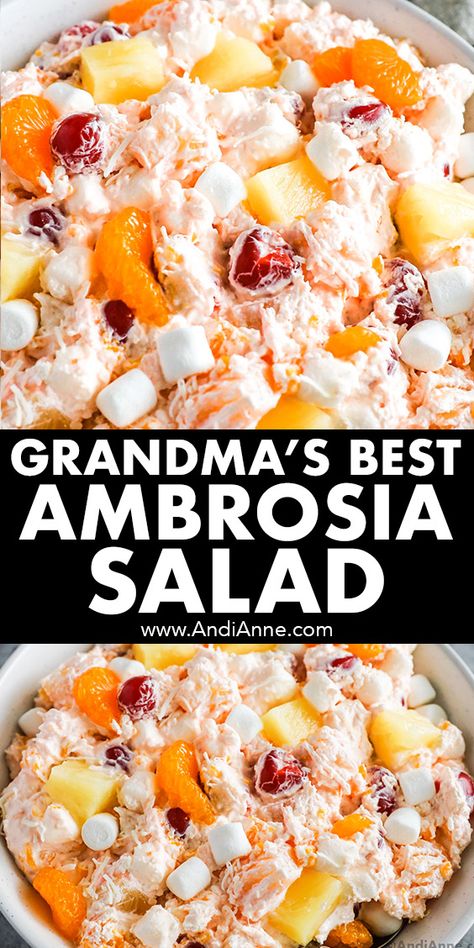 How To Make Ambrosia Salad Fruit, Millionaire Fruit Salad, Cherry Ambrosia Salad, Fruit Cocktail Ambrosia Salad, Orange Fruit Salad Mandarin, Mandarin Marshmallow Salad, Fruit And Marshmallow Salad, Marshmallow Fluff Recipes Desserts Fruit Salads, Ambrosia Salad With Jello