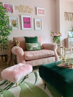 Cloud Nine Interiors Pink And Green Decor, Ornament Homemade, Feminine Living Room, Green Ottoman, Diy Ornament, Glam Living Room, Pink Living Room, Homemade Ornaments, Pink Chair