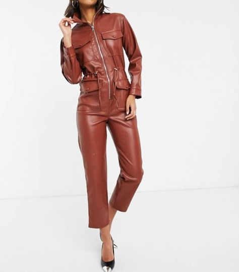 Get this beautiful brown leather ladies jumpsuit as per your customization.20% OFF.FREE SHIPPING Worldwide. Email us : info@zippileather.com Black Catsuit, Gala Gonzalez, Custom Leather Jackets, Classic Corvette, Leather Jumpsuit, Jumpsuit For Women, Yellow Maxi, Monochrome Outfit, Leather Outerwear