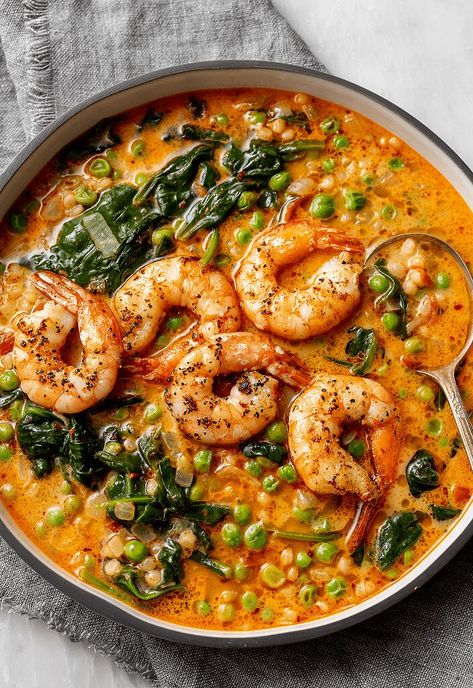 Shrimp with Creamy Peas Recipe | Tried and True Recipes Buttery Shrimp With Peas And Potatoes, Shrimp And Chickpeas Recipe, Shrimp And Cabbage Recipes, Shrimp Stew Recipes, Shrimp And Peas, Shrimp Couscous, Pearl Couscous Recipes, Shrimp Stew, Creamy Peas