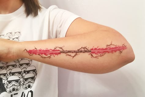 Darth Maul lightsaber tattoo Matching Lightsaber Tattoos, Darth Maul Lightsaber Tattoo, Lightsaber Tattoo Minimalist, Purple Lightsaber Tattoo, Darth Maul Tattoo Design, Deconstructed Lightsaber Tattoo, Darth Maul Saber Tattoo, Darth Maul Tattoo, Lightsaber Tattoo