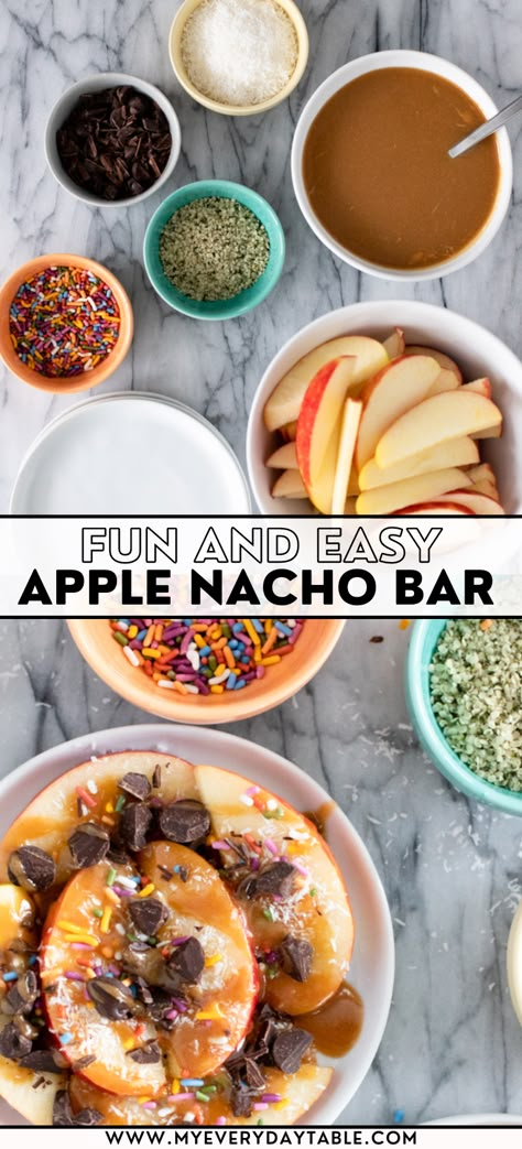 DIY CARAMEL APPLE NACHOS BAR | MY EVERYDAY TABLE | Put out a fun spread in this caramel apple nacho bar! These healthy apple nachos may be for kids, but the adults will love it too. Click through for a peanut butter caramel recipe and plenty of topping ideas. Apple Nachos Bar, Apple Nacho Bar, Butter Caramel Recipe, Nachos Bar, Caramel Apple Nachos, Apple Nachos Recipe, Phd Party, Diy Caramel, Dessert Nachos