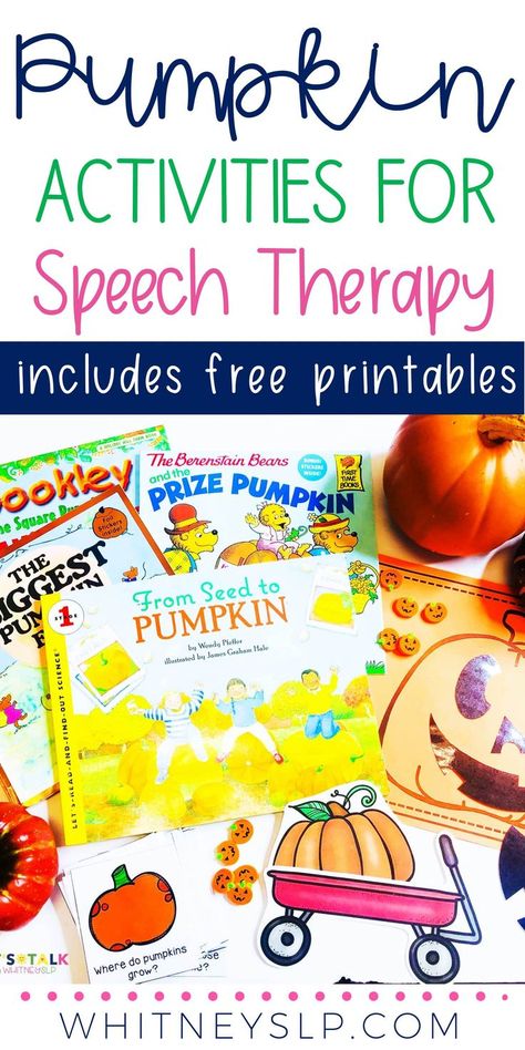 Looking for pumpkin activities for speech therapy? This post includes books, crafts, speech and language activities, preschool activities, games, and FREEBIES! Fall Themed Speech Therapy Activities, Pumpkin Speech Therapy Activities, Fun Speech Therapy Activities, Slp Classroom, Fall Speech Therapy, Therapy Crafts, Preschool Slp, Speech Therapy Activities Preschool, Activities For Speech Therapy