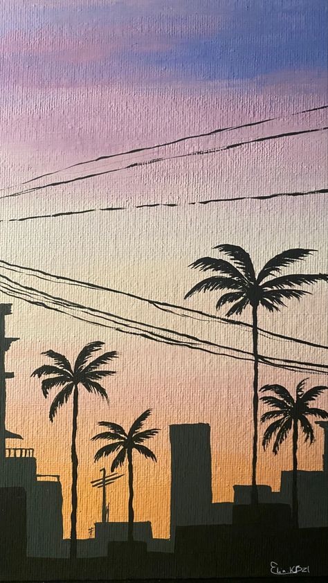 Mexico Painting Easy, Spain Painting Easy, Summer Sunset Painting, Painting Ideas Summer Vibes, Acrylic Painting Palm Trees, Painting Ideas On Canvas Aesthetic Easy Summer, California Painting Ideas, Beach Simple Drawing, Palm Tree Painting Easy