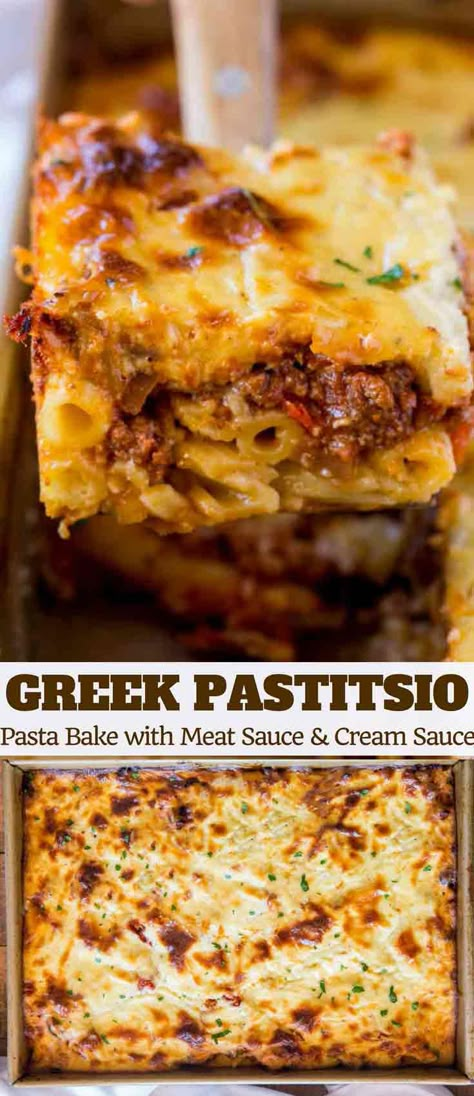 Greek Pastitsio Bake with penne pasta, seasoned ground beef and a rich béchamel sauce baked in the oven until crispy. | Greek Pastitsio, Béchamel Sauce, Seasoned Ground Beef, Greek Pastries, Greek Pasta, Baked Dinner, Salad Pasta, Greek Cooking, Scandinavian Food