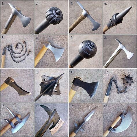 Différentes armes de poing au temps des croisades Arm Armor, Medieval Fantasy, Axes, Tactical Gear, Larp, Blacksmithing, Arsenal, Different Types, Metal Working