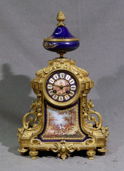 19th Century French Sevres Bronze and Porcelain Clock with Plaque. th century French Sevres Bronze clock with beautifully detailed porcelain inlaid art and plaque. Emperor’s Treasury has been in the arts and antiques trade over 30 years. | eBay! Antique Mantle, Antique Mantel Clocks, Big Clocks, Clock Antique, Vintage Brass Decor, Classic Clocks, Vintage Clocks, Hunting Scene, Bird Song