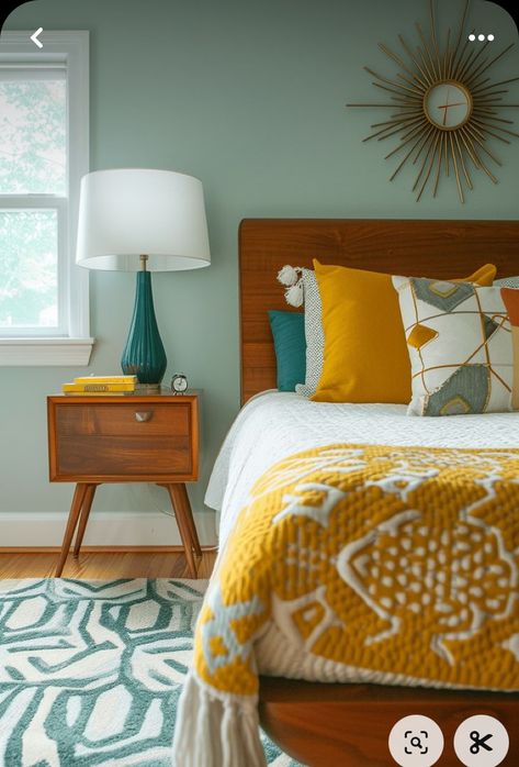 Mustard Bedroom, Woman Bedroom Ideas, Grown Woman Bedroom Ideas, Mid Century Modern Bedroom Design, Teal And Mustard, Bedroom Teal, Boho Decor Ideas, Sunburst Clock, Retro Bedrooms