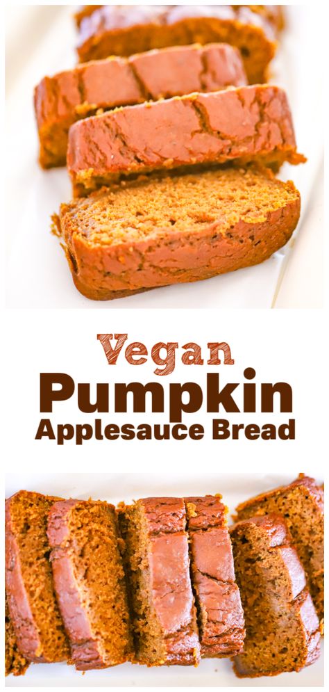 This is a ridiculously good and Healthy Vegan Spiced Pumpkin Applesauce Loaf recipe!  A delightful vegan bread loaf infused with the flavors of spice cake, pumpkin, & apple, free from refined sugar. Easy to make & a deliciously quick bread you’ll love! Vegan Pumpkin Bread Oil Free, Vegan Pumpkin Bread Healthy, Pumpkin Loaf Vegan, Pumpkin Bread With Applesauce Healthy, Plant Based Pumpkin Recipes, Pumpkin Bread With Applesauce, Healthy Vegan Bread, Flourless Pumpkin Bread, Applesauce Loaf