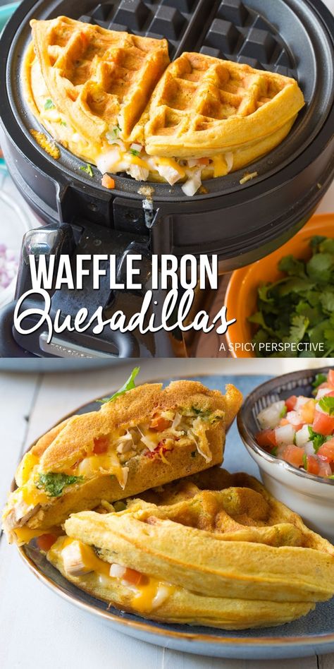 Easy Waffle Iron Quesadillas - A classic quesadilla recipe with a twist! Tex Mex fillings folded into a crisp zesty waffle make a unique hand-held meal! Easy Waffle Recipe, Waffle Iron Recipes, Waffle Maker Recipes, Plats Healthy, Savory Waffles, Quesadilla Recipe, Waffles Easy, Foods With Iron, A Spicy Perspective