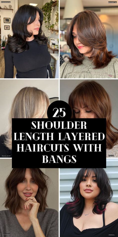 Shoulder Length Layered Haircuts Layered With Bangs Shoulder Length, Layered Haircuts For Medium Hair Face Framing, Short Face Frame Layers, Shoulder Length With Bangs And Layers, Straight Lob With Side Bangs, Women Shoulder Length Haircut With Bangs, Haircut Long Forehead, Face Framing Shag With Bangs, Shoulder Length Hair For Long Face Shape