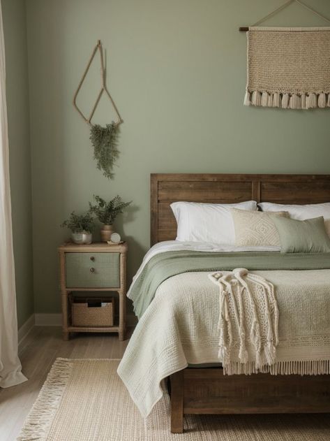 Sage Green Bedroom Dark Furniture, Bedroom Colour Schemes Wooden Furniture, Sage Bedroom Feature Wall, Green Bedroom Ideas Boho, Green Walls With Brown Furniture, Sage Bohemian Bedroom, Green Bohemian Bedding, Green Wall Brown Furniture, Mint Green And Brown Bedroom