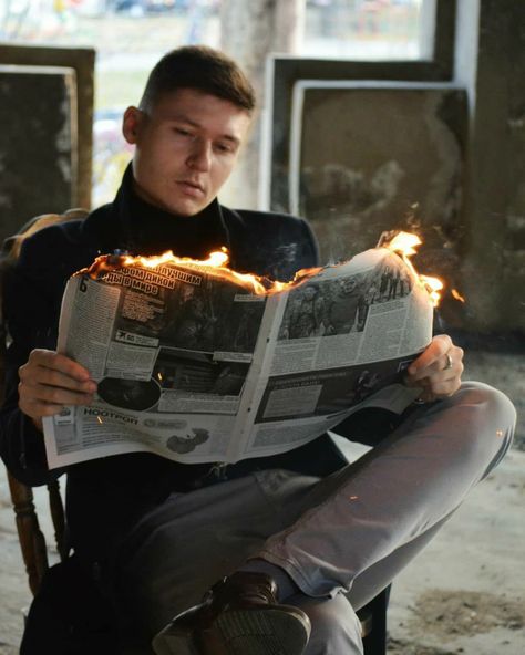 Newspaper On Fire Photography, Burning Newspaper Photoshoot, Home Photography Ideas Men, Night Photography Men, Newspaper Fire, Goth Western Aesthetic, Creative Photoshoot Ideas For Men, Burning Photography, Newspaper Photography