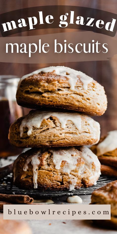 These Maple Biscuits are the perfect cozy brunch bake! They're extra tall and flaky, with crisp edges, pillowy soft insides, and tons of maple flavor from real maple syrup. Top them with a buttery maple glaze for ultimate fall bliss. #biscuits #buttermilkbiscuits #maplebiscuits #maple #fallbaking #fallbrunch #fallbreakfast #fallrecipes #comfortfood #breakfastrecipes #brunchrecipes #makeaheadbrunch #bluebowlrecipes | bluebowlrecipes.com Maple Street Biscuit Company Recipe, Maple Syrup Gift Ideas, Maple Desert, Maple Biscuits, Maple Desserts, Brunch Bake, Fall Recipes Breakfast, Cozy Brunch, Make Ahead Brunch