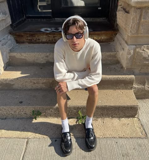 Boy With Headphones Aesthetic, Airpods Max Outfit, Takashi Murakami Pillow, Murakami Pillow, Loafers Outfit Summer, Preppy Boy Outfits, Headphone Outfit, Loafers Men Outfit, Loafers Outfit