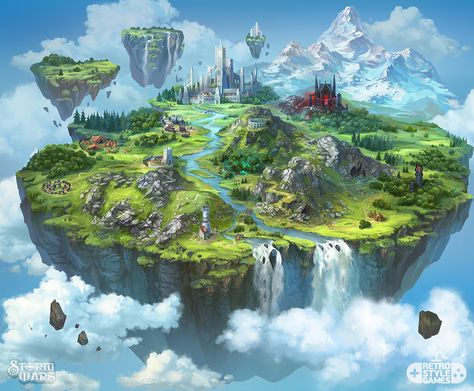 Storm Wars - Flying Island Map Illustration, Elena Konstantinova on ArtStation at https://www.artstation.com/artwork/odeEB Fantasy World Map, Fantasy Land, Floating City, Fantasy Island, Island Map, Castle In The Sky, Fantasy City, Fantasy Setting, Fantasy Places