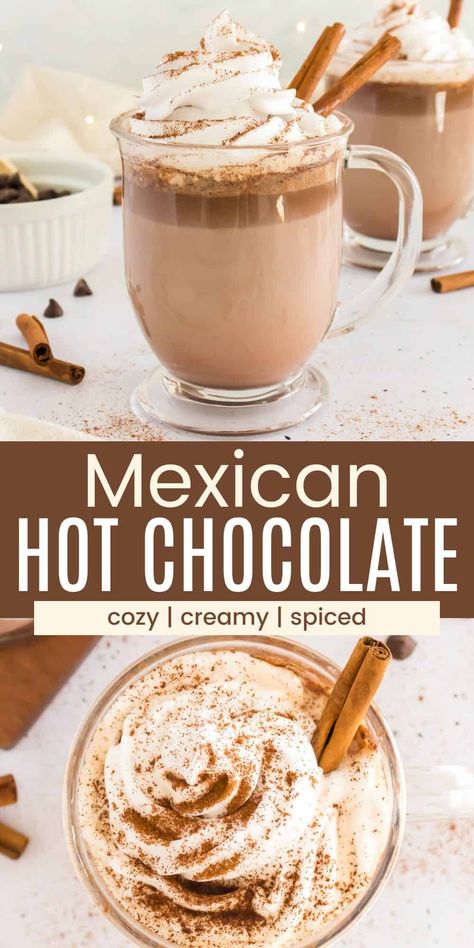 Cozy and warming Mexican Hot Chocolate is lightly spiced with cinnamon and contains a little kick of cayenne pepper for extra heat. This special take on hot chocolate uses real chocolate and whole milk plus lots of fluffy whipped cream to top it off. Cuban Hot Chocolate, Horchata Hot Chocolate, Mexican Cocoa Recipe, Crockpot Mexican Hot Chocolate Recipe, Different Hot Cocoa Flavors, How To Make Mexican Hot Chocolate, Cinnamon Hot Chocolate Recipe, Homemade Mexican Hot Chocolate, Crockpot Mexican Hot Chocolate