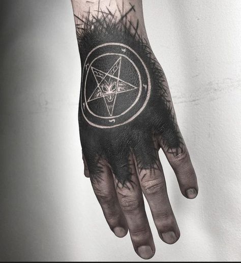 Black Pentagram Tattoo on Palm | Best Tattoo Ideas Gallery Satanic Tattoo Sleeve, Full Black Hand Tattoo, Pentagram Tattoo Ideas, Blacked Out Hand Tattoo, Satanic Hand Tattoo, Pentagram Tattoo Satanic, Black Metal Tattoo Ideas, Metal Tattoos For Guys, Satanic Tattoo Ideas