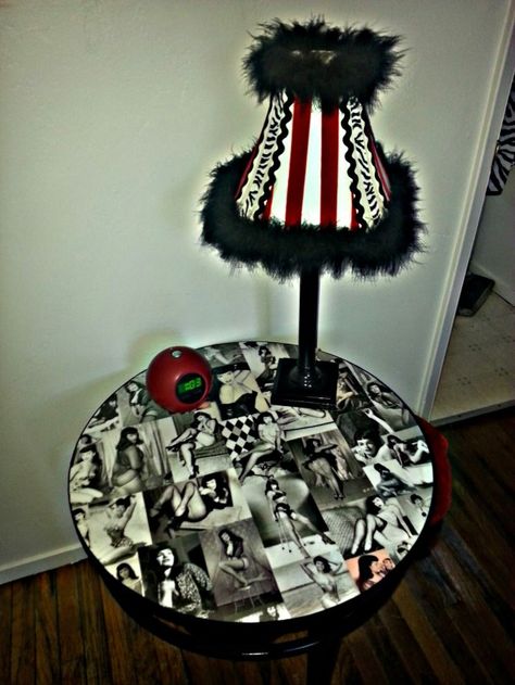 DIY Bettie Page Table Bedroom Dungeon, Rockabilly Decor, Witchy Apartment, Rockabilly Home Decor, Open Bedroom, Improve Your Style, Bedroom Upgrade, Light Colored Wood, Horror Themes