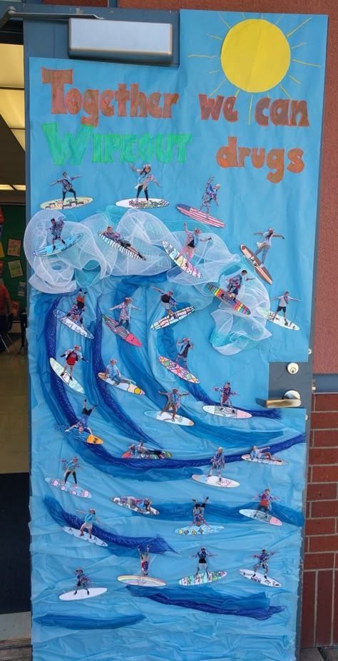 Seniors Bulletin Board Ideas, Water Theme Classroom Doors, Beach Theme Door Decorations, Beach Classroom Door, Beach Classroom Door Ideas, Beach Theme Classroom Door, Beach Door Decorations Classroom, Surfing Bulletin Board Ideas, Ocean Themed Door Decorations