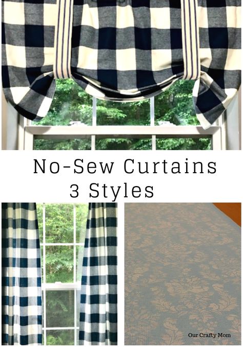 Farmhouse Kitchen Curtains Diy, No Sew Kitchen Curtains, Velcro Curtains Diy, Buffalo Plaid Camper Remodel, Easy No Sew Curtains, Easy Diy Curtains, Dressing Windows, Rv Curtains, Stenciled Curtains