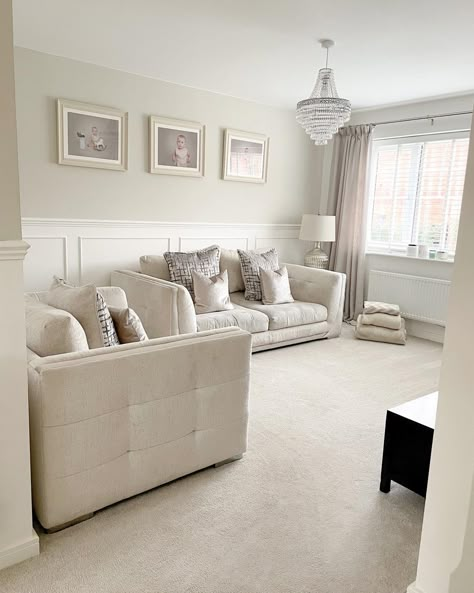 Pannelling Behind Sofa, White Living Room Paneling, Beige Feature Wall Living Rooms, Country Living Room Panelling, Panneling Rooms Cream, Wall Panelling In Living Room, Grey And Neutral Living Room Ideas, Half Panelled Living Room, Dado Living Room