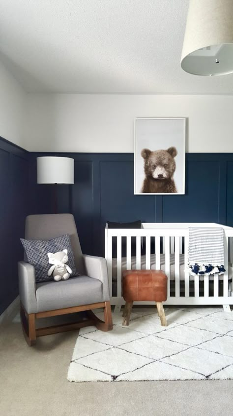 I am so excited to present our Modern Bear Woodland Nursery! This project is very special as it is for our second baby, this time a boy! I knew I wanted to use a deep dark navy blue, hunter green, gray and a touch of leather and wood. The jumping off point was definitely the large bear print and the idea of creating a warm cocoon like feeling to cuddle our newborn. I knew incorporating a large scale tree art print was also a must because being surrounded by nature is so grounding. Navy Nursery Boy, Grey Nursery Boy, Grey Nursery, Baby Boy Room Nursery, Blue Nursery, Boy Bedroom, Nursery Baby Room, Baby Bedroom, Project Nursery