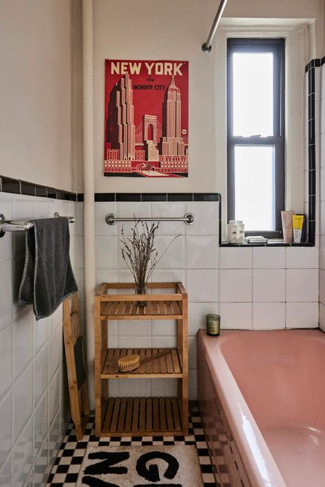 This Manhattan Studio Apartment Is a Love Letter to Women | Cup of Jo Tiny Nyc Bathroom, Small Boston Apartment, Picture Frames In Bathroom, Women’s Apartment Ideas, Nyc Bathroom Aesthetic, How To Style A Studio Apartment, Renter Friendly Bathroom Upgrades, Vintage Studio Apartment Ideas, Nyc Studio Apartment Aesthetic