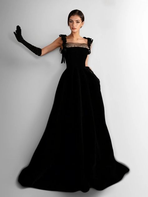 Black Strap Evening Gown for Formal Events and Performances Black Evening Gown Classy, Black Formal Outfit, Black Wedding Guest Dress, Skirt Wedding Dress, Evening Gowns With Sleeves, Classy Gowns, Classy Dresses, Black Formal, Floor Length Skirt