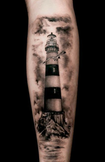 Realistic Lighthouse Tattoo, Lighthouse Tattoo Men, Lighthouse Tattoo Design, Lighthouse Tattoo Meaning, Wolf Girl Tattoos, Lighthouse Tattoos, Nautical Tattoo Sleeve, Pisces Tattoo Designs, Catrina Tattoo