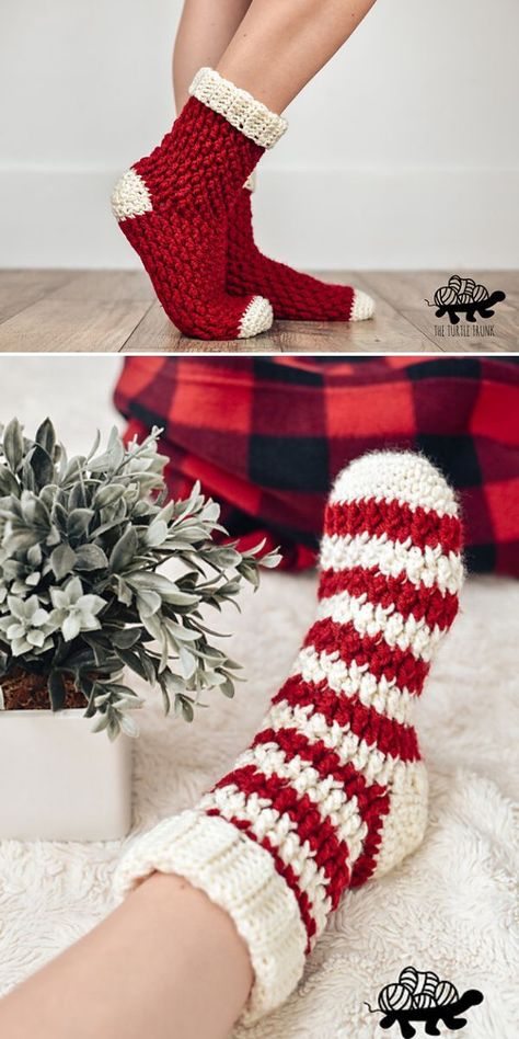 Here is a perfect free socks crochet pattern for lounging with a hook and yarn on cold winter days. It is affordable even for advanced beginners. And there is a step-by-step video tutorial for you. Of course, you can choose any color combination, but in white and red, it seems to me a perfect Christmas gift idea. Do you agree? #freecrochetpattern #crochetsocks #socks #christmas #christmasgift Bandeau Au Crochet, Crochet Stocking, Crochet Socks Pattern, Crochet Slippers Free Pattern, Crochet Christmas Stocking, Crochet Christmas Gifts, Confection Au Crochet, Cozy Crochet Patterns, Crochet Cozy