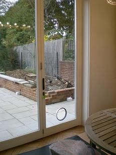 CATFLAP3 French Doors With Side Windows, Exterior Patio Doors, Bungalow Extensions, French Patio, Appartment Decor, Cat Flap, Inside Garden, Cottage Door, Open Plan Kitchen Living Room