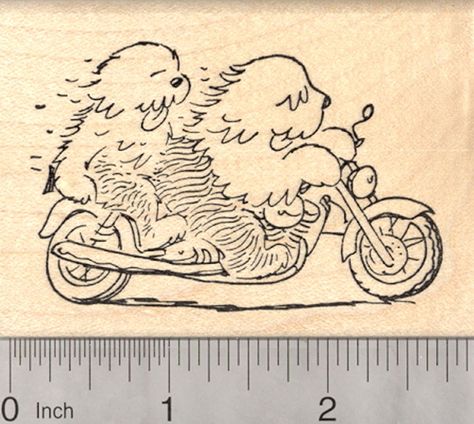 Sheepdog Motorcycle Rubber Stamp, 2 Old English Sheep Dogs on Bike Sheepdog Tattoo, Sheep Dogs, Dog Artist, Hand Carved Stamps, Custom Rubber Stamps, English Sheepdog, Old English Sheepdog, Ink Stamps, Dog Drawing