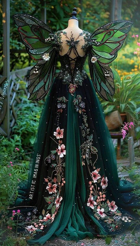 Fairytale Prom Dress Aesthetic, Forest Green Fairy Dress, Emerald Green Fairy Dress, Fairy Masquerade Dress, Nature Ball Gown, Butterfly Queen Costume, Fae Ball Aesthetic, Fairy Gown Goddesses, Persephone Fashion