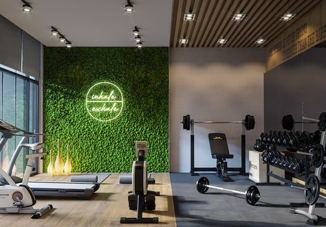 Dream Gym Design, Gym Grass Wall, Gym At Home Decor, Home Gym Ideas Weights, Gym Designs For Home, Sport Home Decor, Home Gym Studio Ideas, Home Gym Station, Home Gym Feature Wall